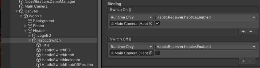 Turn haptics off or on with the Unity Editor