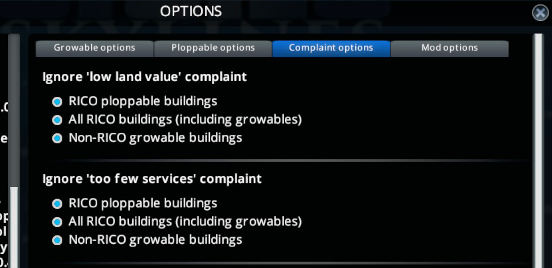 Complaint options panel screenshot