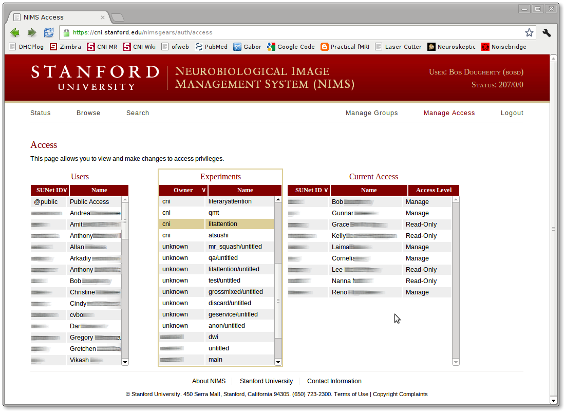 Screen shot of the NIMS access management page.