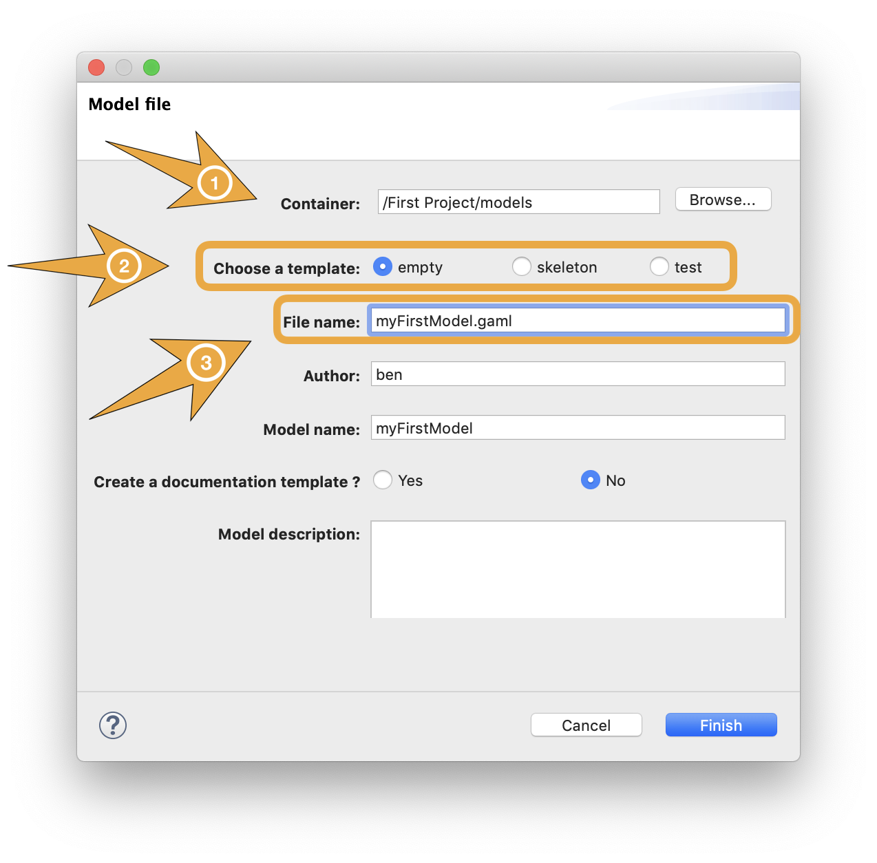 Dialog box to create a new model file (similar for a new test file.