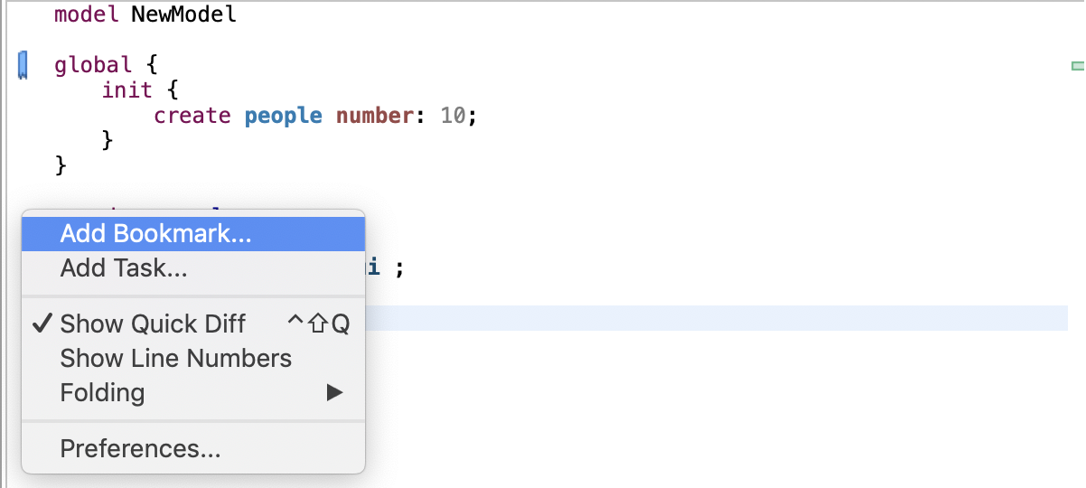 Addition of a bookmark or a task on a given code element. The markers are also reminded on the right of the editor.