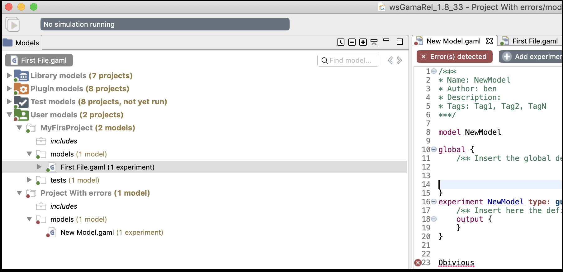 Projects with and without errors.