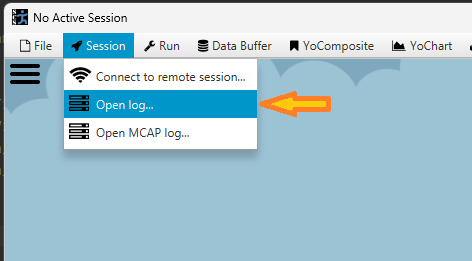 Menu screenshot: Session > Open Log...