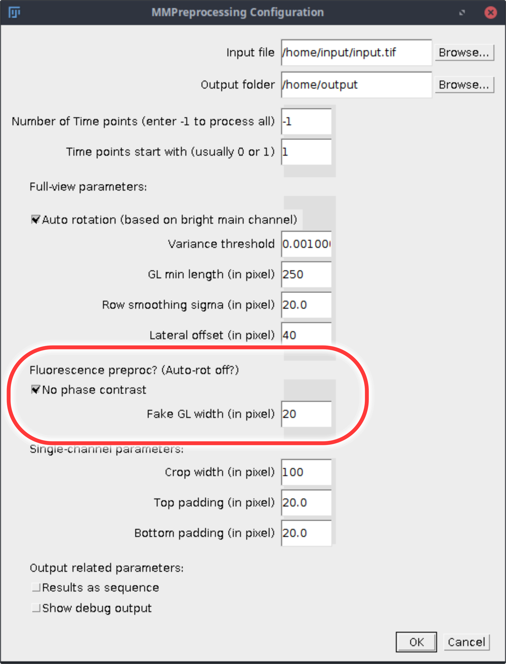 Preprocessing dialog using fluorescence images