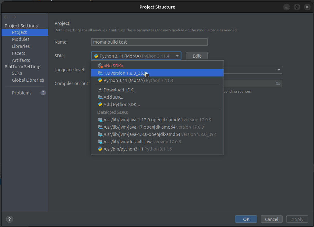 screenshot: select project sdk