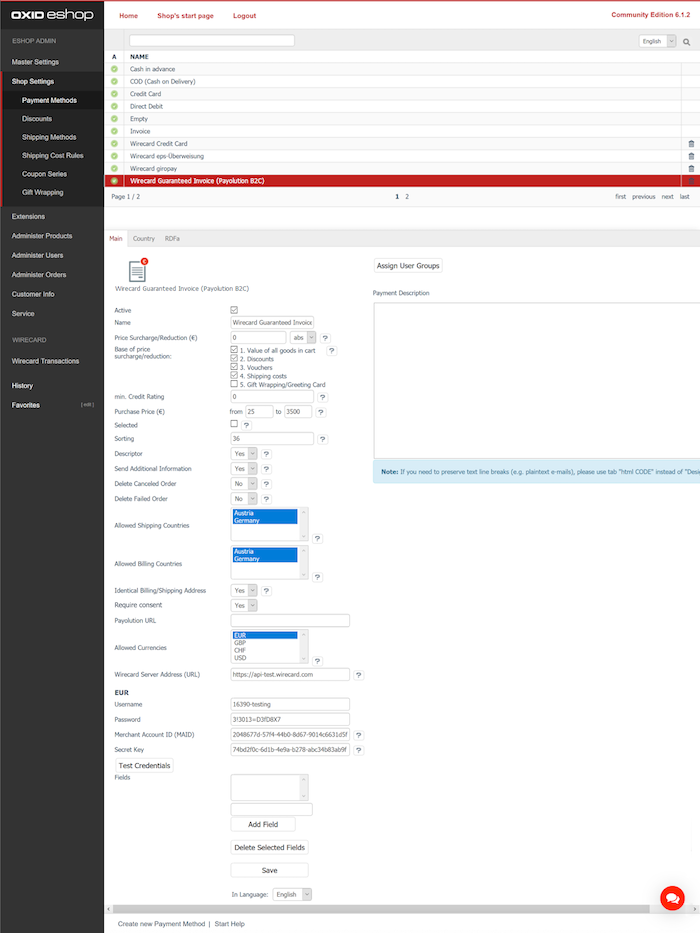 Wirecard Guaranteed Invoice (Payolution B2C) Configuration